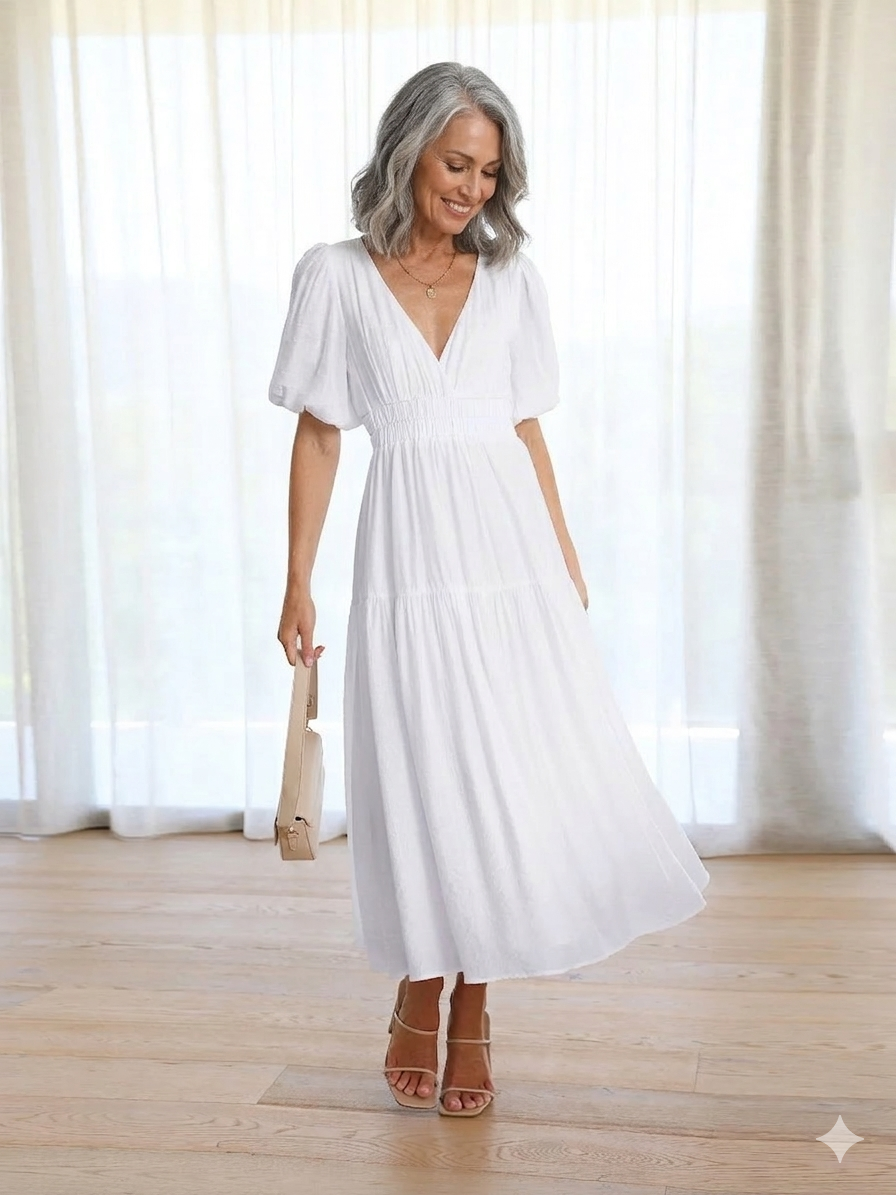 Woman wearing a white dress standing in a room with white curtains.